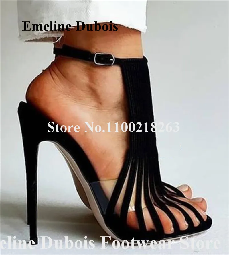 

Vertical Stripes Gladiator Sandals Emeline Dubois Open Toe Black Red Beige Suede PVC Embellished Stiletto Heel Shoes Dress Heels