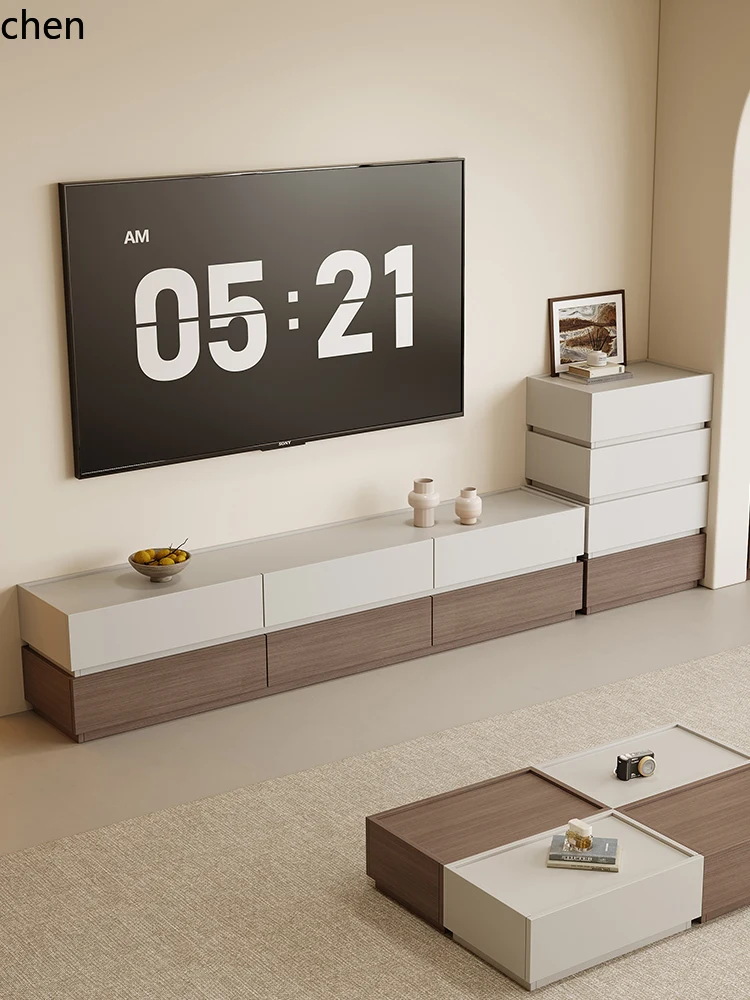 ZMLsolid wood floor-to-ceiling TV cabinet, living room small apartment combination coffee table storage locker