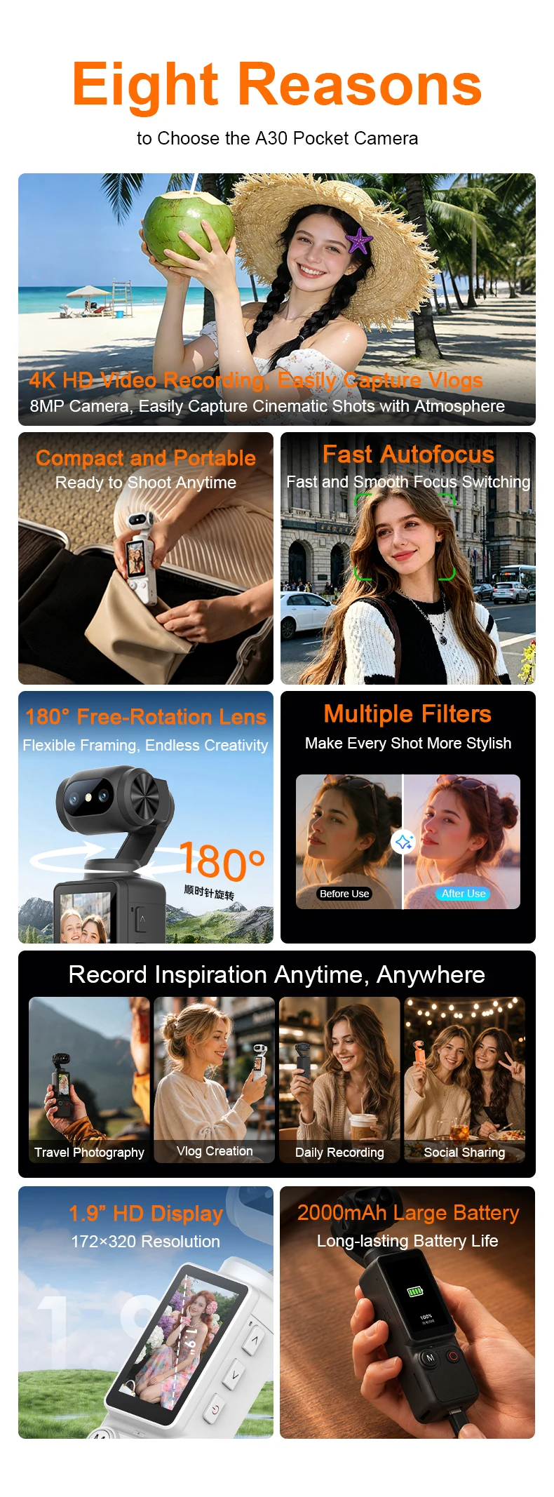 New cross-border A30 handheld action camera 180 ° rotating lens vlog autofocus outdoor portable camera