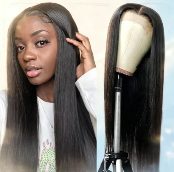 Long Straight Black Lace Front Wig Natural Black Pre Plucked Synthetic HD Lace Front Wig For Women Glueless Heat Resistant Fiber