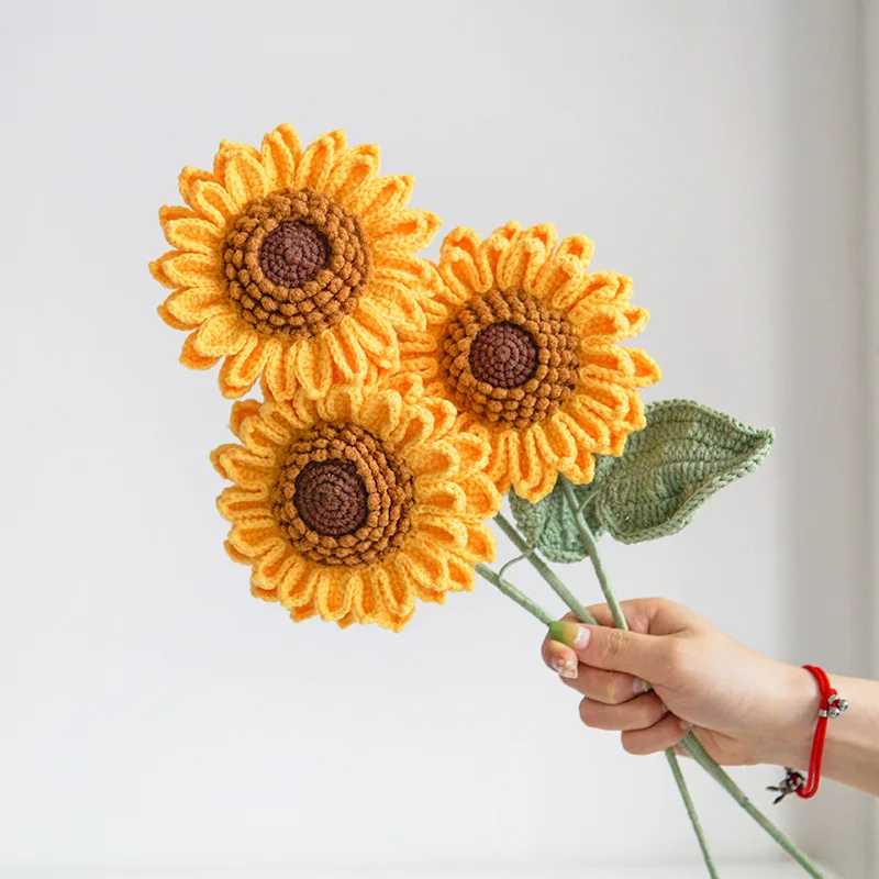 

43cm Finished Hand-woven Double-layer Sunflower Bouquet Yellow Wool Knitted Sunflower Holiday Table Ornaments