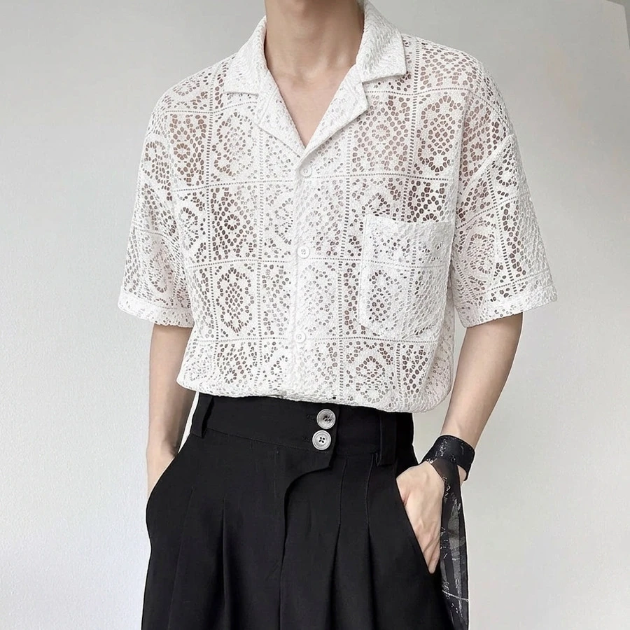 Fashion Hollow Out See-through Short Sleeved Men Shirts Elegant Luxury V-Neck Button-Up Man Shirt Summer Breathable Shirt Tops