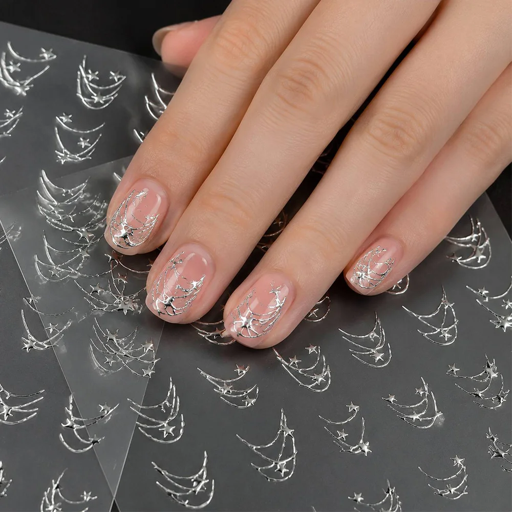 1Pc Celestial Silver Star Nail Sticker, Five-Pointed Star Pattern Nail Decal, Night Sky Manicure Nail Slider For DIY Projects
