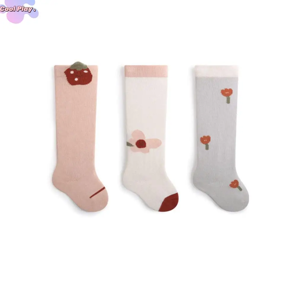 

3Pairs Strawberry Calf Socks Baby Flower Cotton Toddle Cotton Stockings Animals Print Cute Cartoon Above Knee Socks Kids