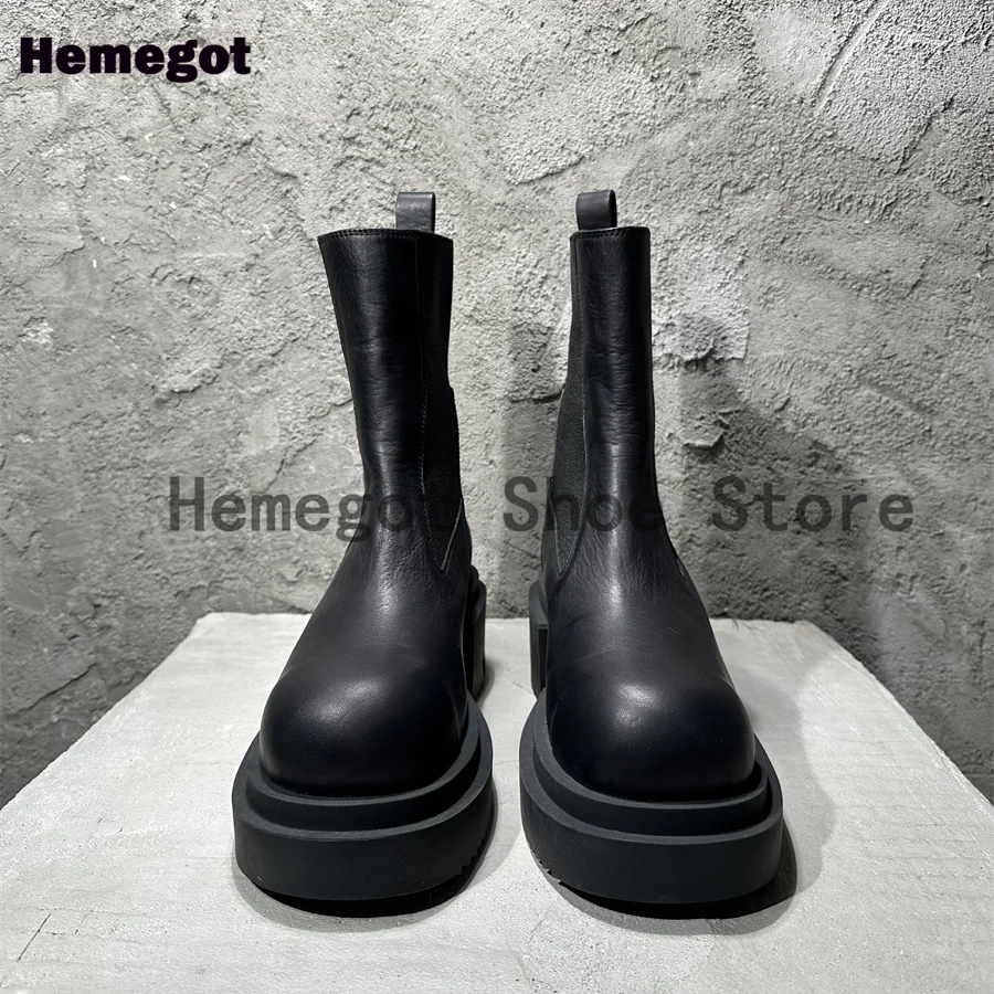 Black Leather Men\'s Boots Thick-Soled Chelsea Boots Novelty Designer High-Top Cowhide Platform Booties Luxury Handmade Men Shoes