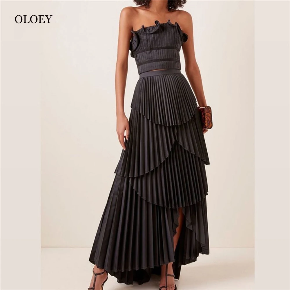 OLOEY-Modern Black Draped Satin Evening Vestidos Formais, Duas Peças Strapless Split Tiered Long Prom Vestidos, Ocasião Especial