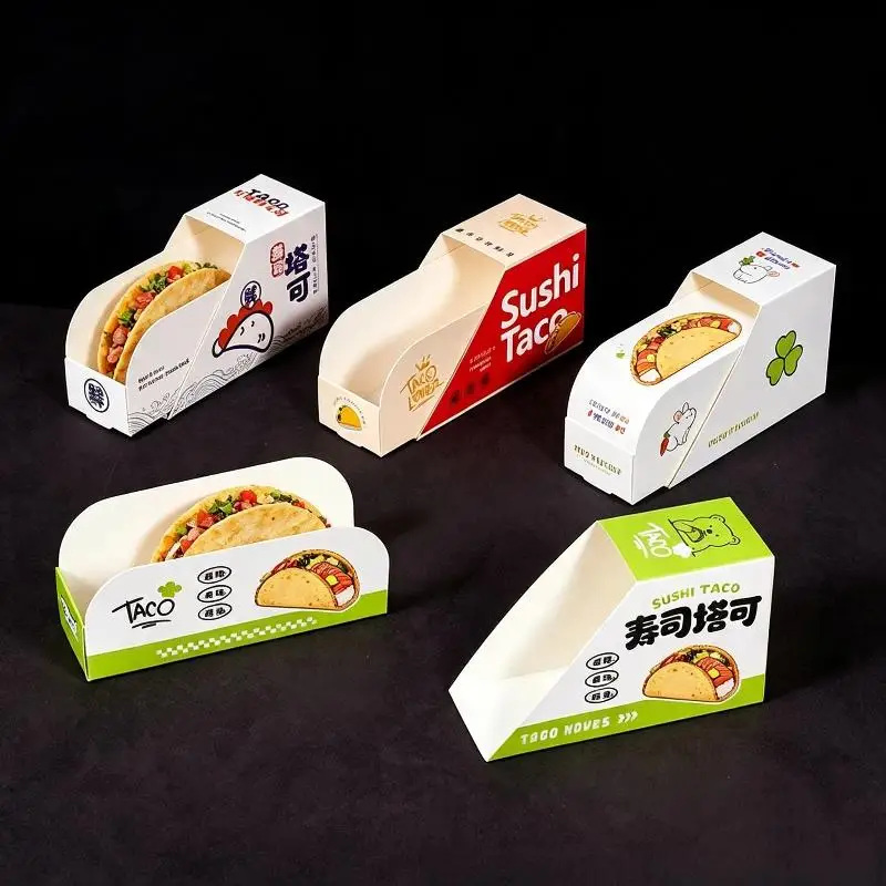 Disposable Sushi Taco Paper Boxes 50Pcs Cute Cartoon Printed Greaseproof Leak Free for All Occasion Food Packing Serving