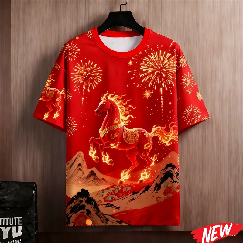 

Funny 3D Horse Pattern Print Men's T Shirt Festive Happy New Year T-shirts Casual O-neck Short Sleeve Tops Fashion Red Clothing