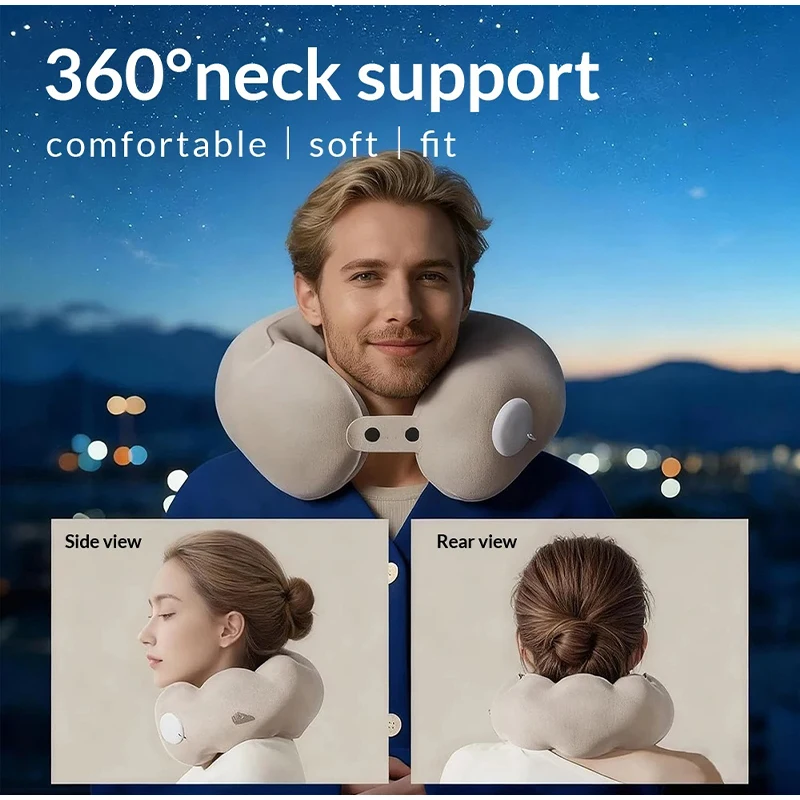Men & Women Compression Inflatable Neck Pillow, Portable Adjustable U-shaped Support Pillow, Foldable Office Travel Neck Pillow