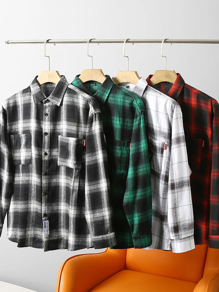 Retro Hong Kong Style! Classic Versatile! Autumn Men's Fleece Long Sleeve Plaid Casual Shirt Fashionable Standard Fit Standard