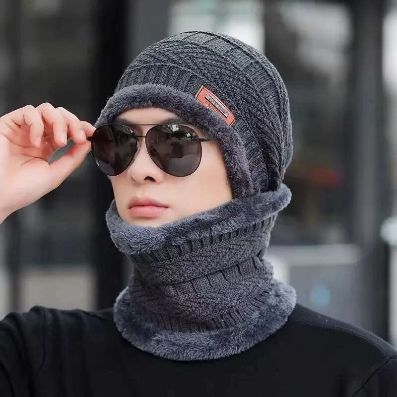 3Pcs Winter Beanie Hat Scarf Gloves Set Fleece Lined Knit Thermal Warm Touch Screen Unisex Windproof Cold Weather Outdoor Set