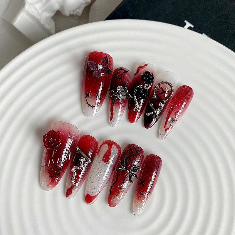 

10pcs handmade long almond shaped nail art, beautiful fake nails, Halloween red bizarre vampire, suitable for women to use