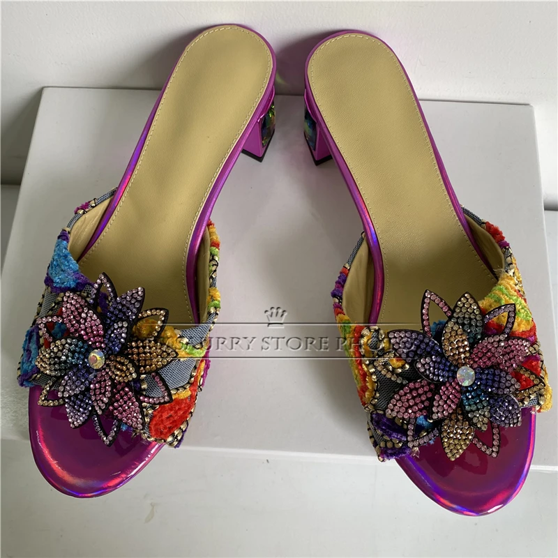 Colorful Embroidery Flower Air Mesh Sandals Women Luxury Diamond Crystal Heel Bling Decor Slingbacks Mules Summer