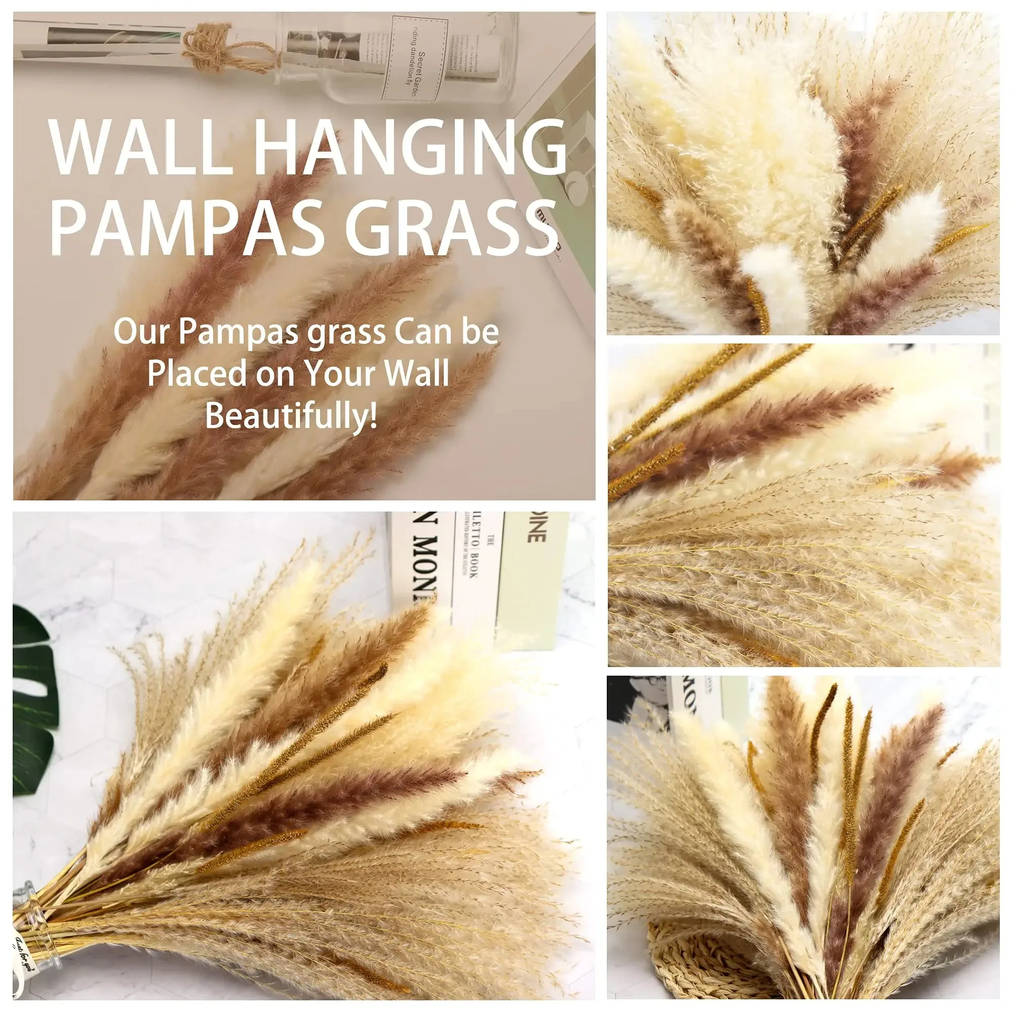 65Pcs Pampas Grass Decor,ดอกไม้แห้งจริง Pamaps หญ้าตกแต่ง Pampas ธรรมชาติ Fluffy Pompous หญ้า Boho ห้องครัวตกแต่งห้องนั่งเล่น