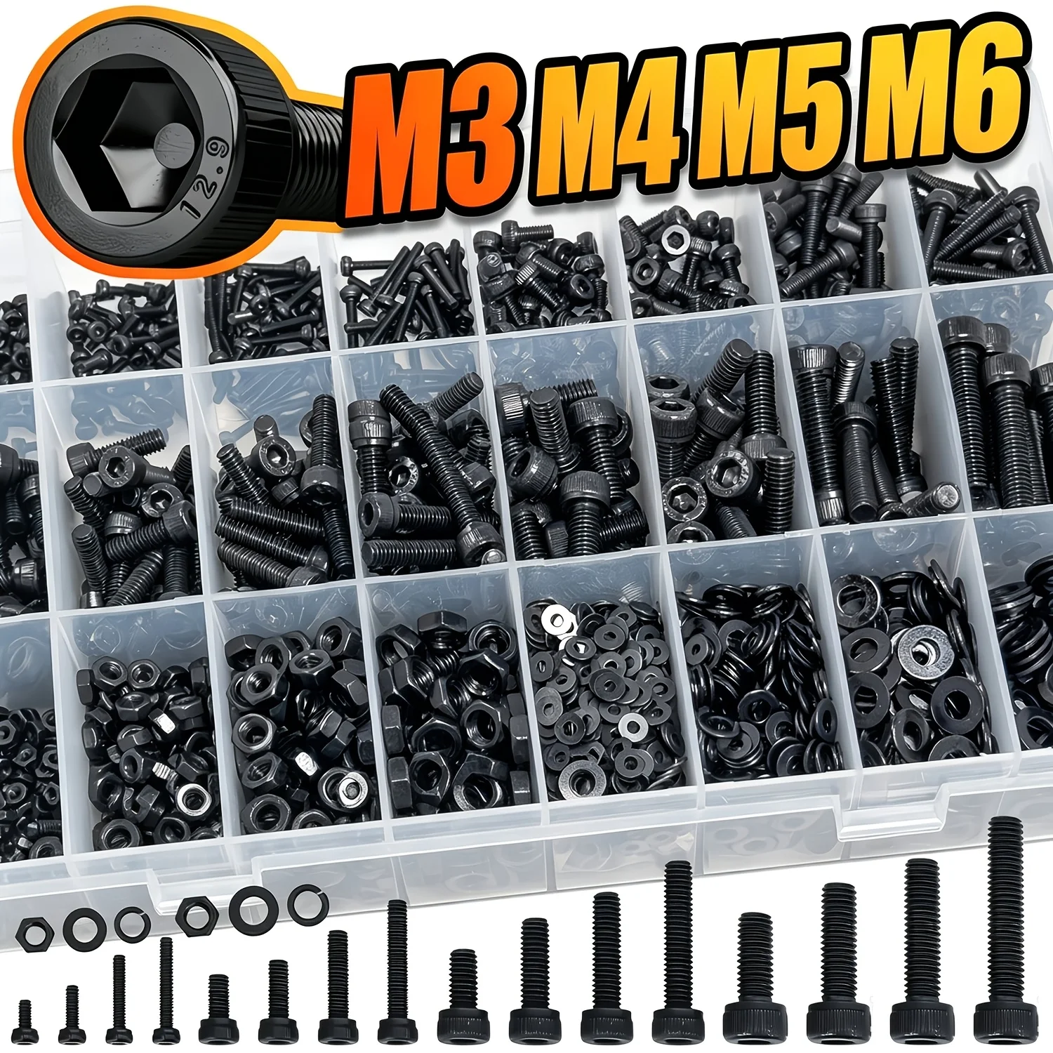 590Pcs 12.9 Grade Alloy Steel Hex Socket Head Cap Screws M3 M4 M5 M6 Fully Threaded Nuts Washers for 3D Printing Repair DIY Home