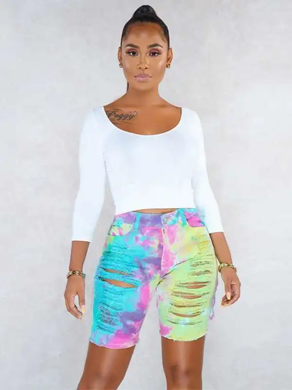 

Летние джинсы с высокой талией, тай-дай, рваные, прямого кроя, женские, из эластичной ткани PU, с эффектом похудения