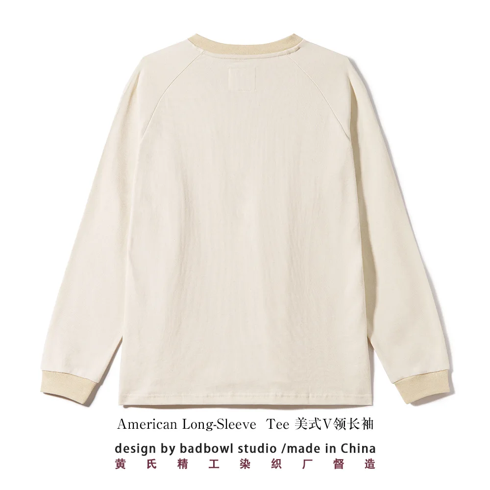 300G Combed Cotton Long Sleeved T-shirt for Men, V-neck Long Sleeved Base Shirt, Loose Basic Style