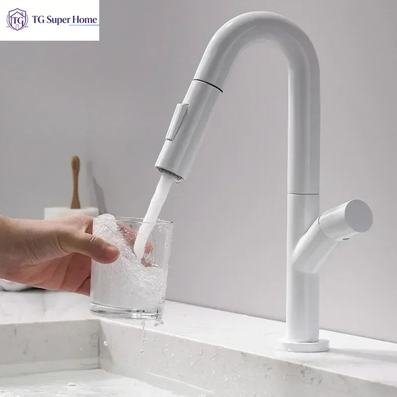 White Pull Out Basin Faucet Heightened Countertop Sink Tap Modern Bathroom Vanity Kitchen Laundry Cabinet Pull Down Mixer