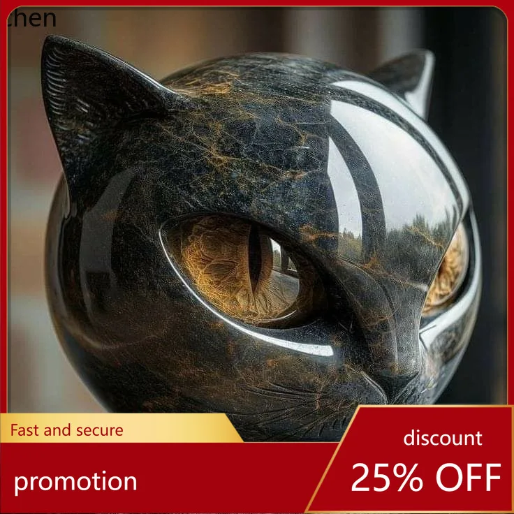 CZ Resin Black Cat Stone Carving Cat Head Ornament Gray Blue Optional