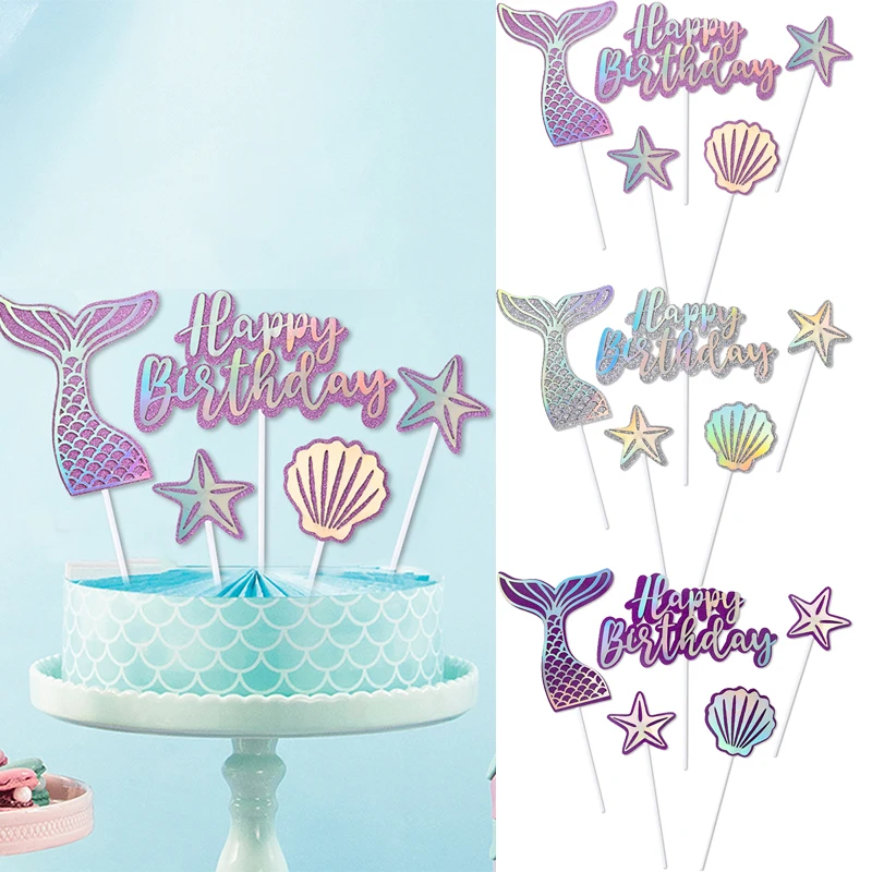 

Mermaid Party Cake Decorations Glitter Mermaid Tail Shell Starfish Cake Toppers Girls Mermaid Themed Party Baby Shower Supplies
