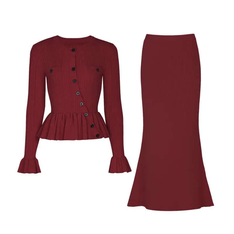 LEOSOXS ツーピース レディースセット ニットペプラムトップ ラッフルカフス＆マーメイドミディスカート ウルトラフェミニンでエレガントなシーンに 2025