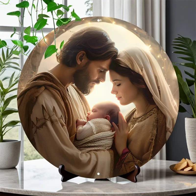 Round Holy Family Aluminum Sign for Home, Office, and Holiday Decor, Vintage-Inspired Jesus Birth Plaque, Ideal Gift for Friends