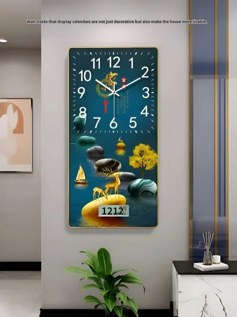 Living Room Red Band Lucky Painted Wall Clock Rectangular Crystal Porcelain Clock Calendar Home Use Rectangular Wall Clock