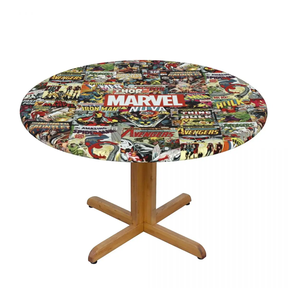 Customized Round Waterproof Oil-Proof Disney Iron Man Marvel Film Tablecloth Backing Elastic Edge Table Covers Fit Table Cloth