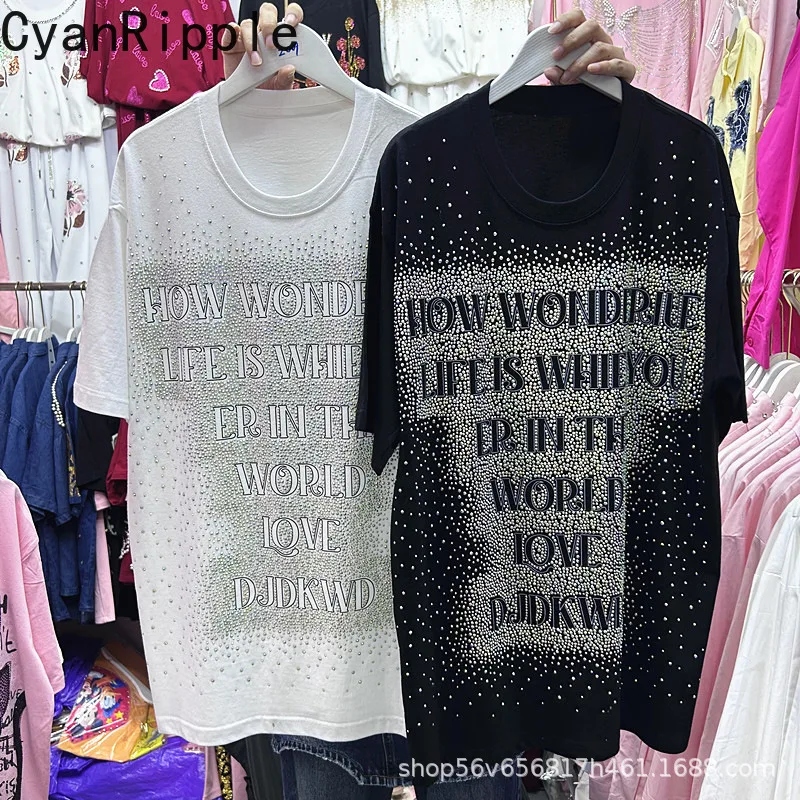 Full Diamonds Letters Hot Drilling Loose Short Sleeve Tees New Spring Summer Round Neck Pullover Top All-match Women Cotton Tees