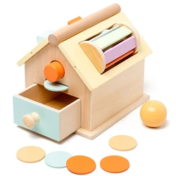 Montessori Wooden Toys 5 in 1 Object Permanence Box Ball Coin Drop Toy House Rainbow Spinning Drum&Shape Sorter for Toddlers