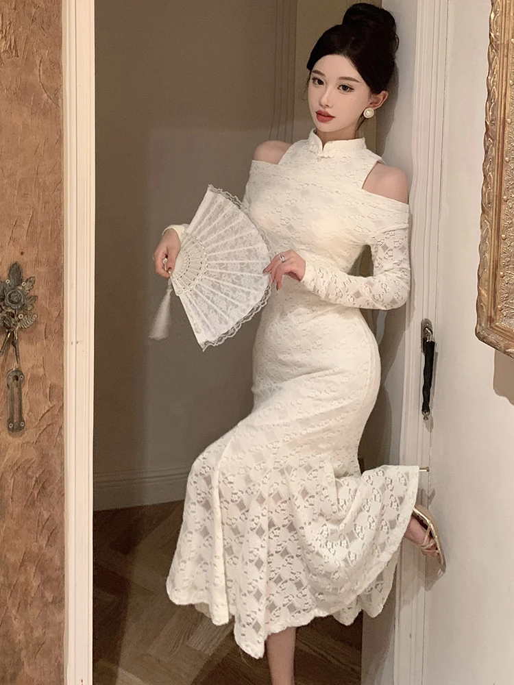 Herfst Winter Wit Kant Jacquard Chic Off Schouder Sexy Jurk Vrouwen Elegante Bodycon Luxe Jurk 2025, Koreaanse Vintage Prom Dress