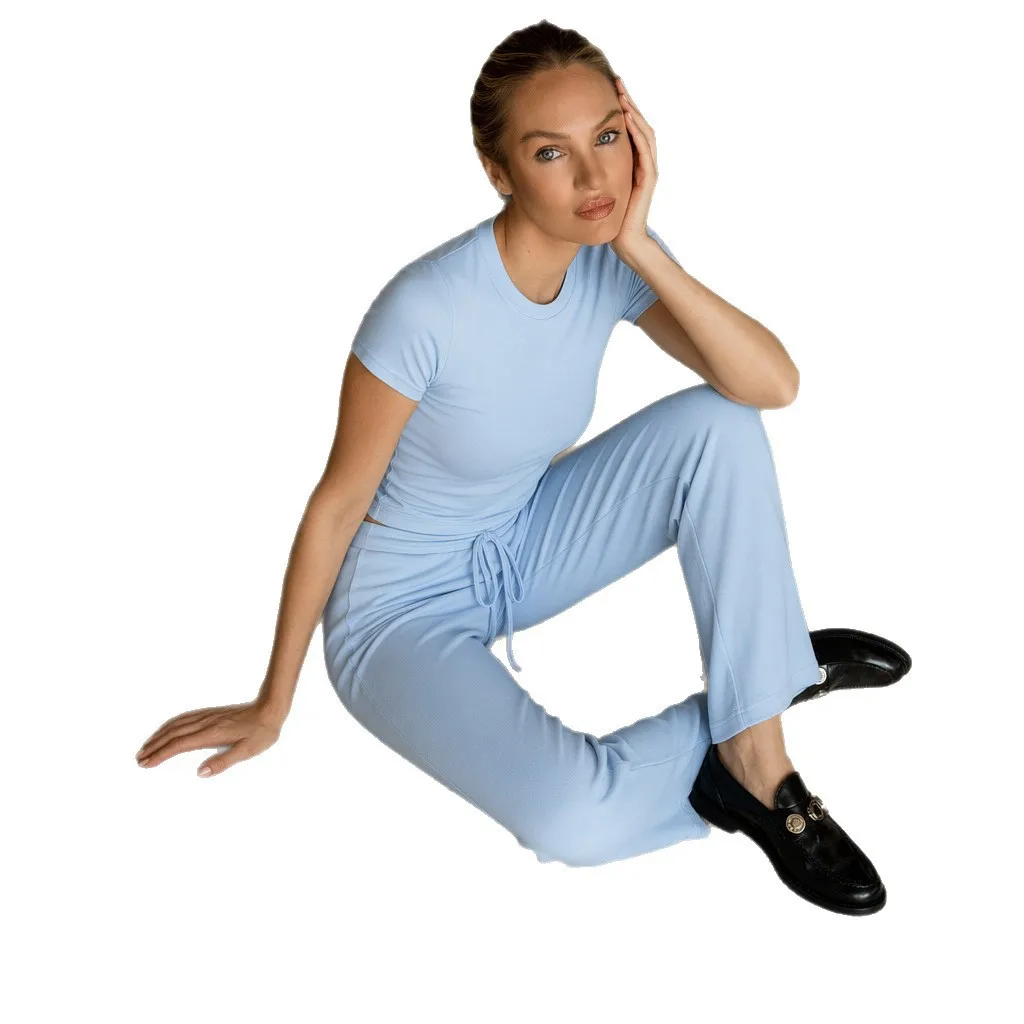 ZEKYE Summer Solid Color Sports Suit Pants Women's Two-piece Set Solid Color Slim-fitting Short-sleeved T-shirt Drape Trousers