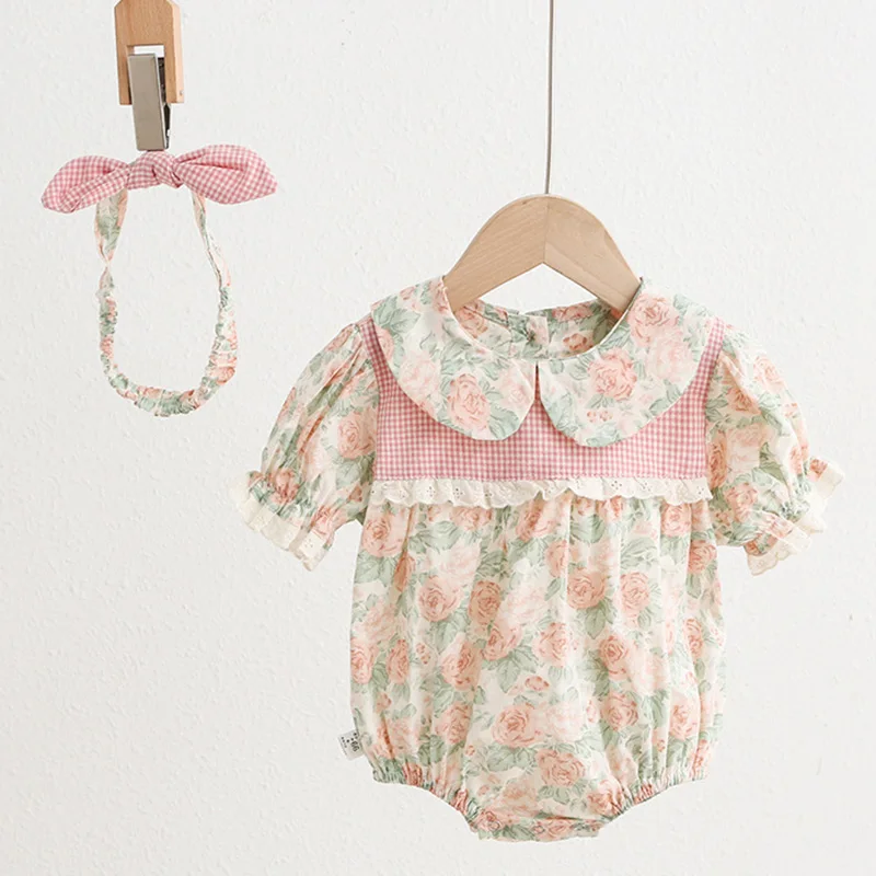 Korean Style Baby Girls Floral Rompers Jumpsuit Bodysuit Toddler Girls Short Sleeves Rompers+Hair Band SummerRompers Clothes