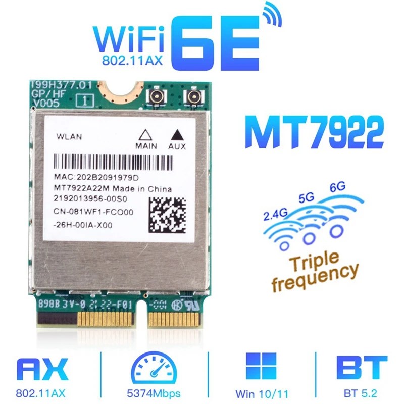 Wifi 6E MT7922 M.2 Wireless Card 5374Mbps Bluetooth 5.2 Network Adapter 802.11Ax 2.4G/5G/6Ghz Wifi Card For Win10 Win11