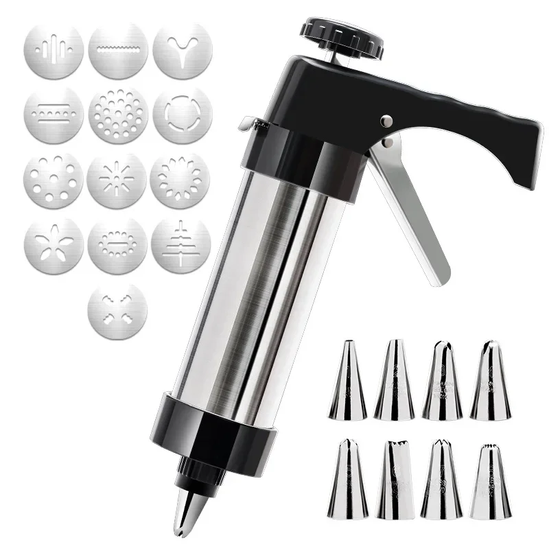 

Stainless Steel Cookie Press Maker Kit Set with 13 Discs 8 Icing Tips Cake Icing Decoration DIY Biscuit Maker Baking Accessories