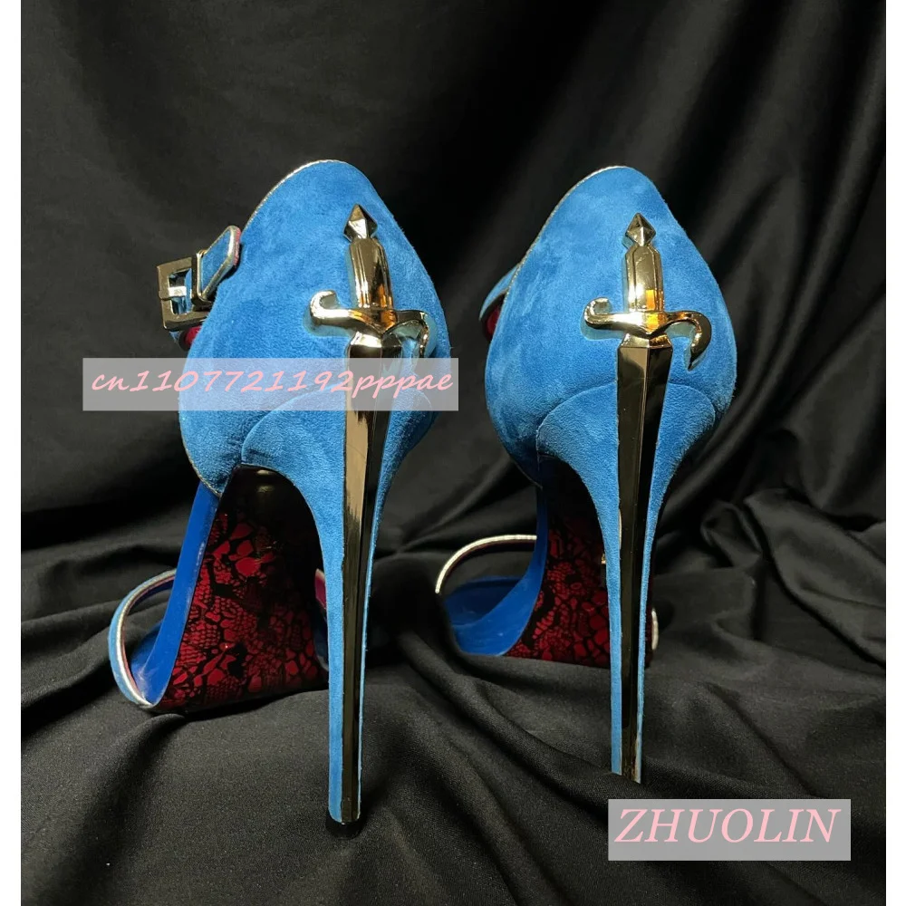 2026 New Summer Blue Suede Sword-Shaped Metallic Design High Heels Ladies' Stiletto Heel With Buckle Strap Luxury Party Shoes 43