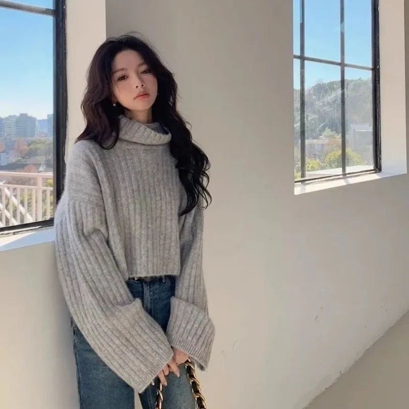 

Женская водолазка, короткий стильный свитер, свободный вязаный джемпер с длинными рукавами, утепленный полосатый свитер большого размера, приятный для кожи