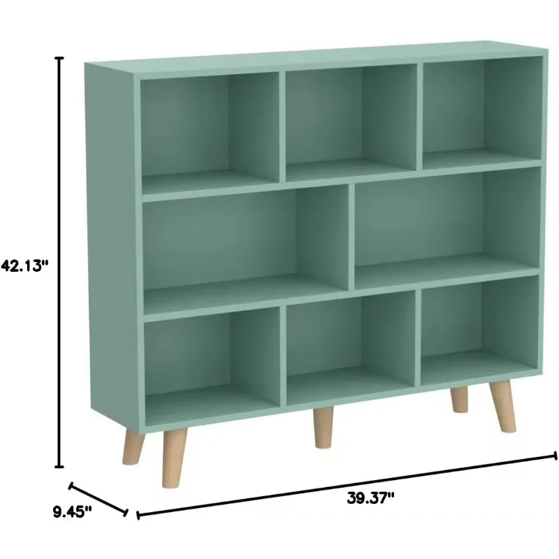 Wooden Open Shelf Bookcase - 3-Tier Floor Standing Display Cabinet Rack with Legs, 8 Cubes Bookshelf