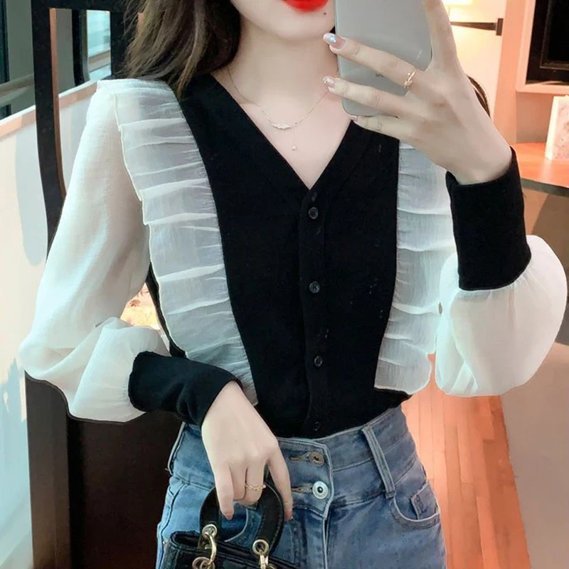 Autumn Elegant Fashion Office Lady Commuter Shirt Women All Match V Neck Long Sleeve Patchwork Button Ruffles Lantern Sleeve Top