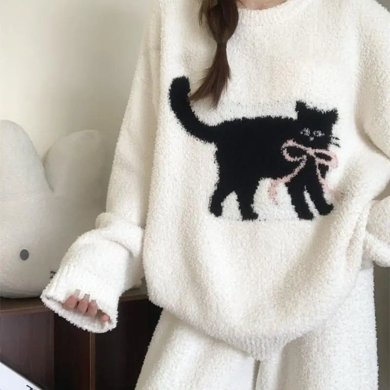 

Kawaii Winter Women's Pajama Set Half-Pile Pj Thicken Cardigan Nightwear New Wearable As Outerwear Sleepwear Cartoon Homewear