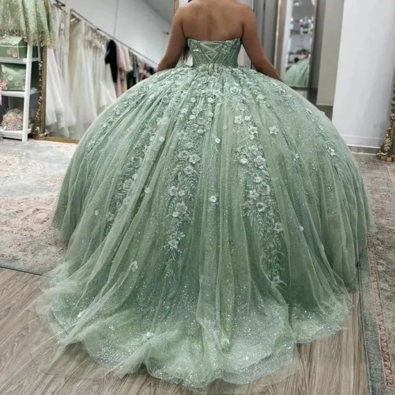 Mint Green Shiny Quinceanera Dresses Ball Gown 3D Flowers Appliques Lace Beading Crystal Tull Sweet 16 Birthday Party Vestido De