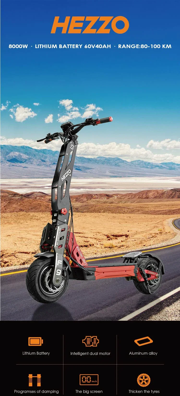 US EU Warehouse F9 Electric Scooter HEZZO 60V 8000W 40AH Dual Motor Lithium Battery 100km/h 12-inch Fat Tire Electric Scooter