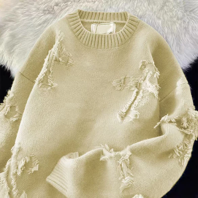 Otoño Invierno, suéter con flecos y agujeros para hombre, prendas de punto para hombre, jerséis holgados con cuello redondo y viento neutro, suéter de punto de gran tamaño