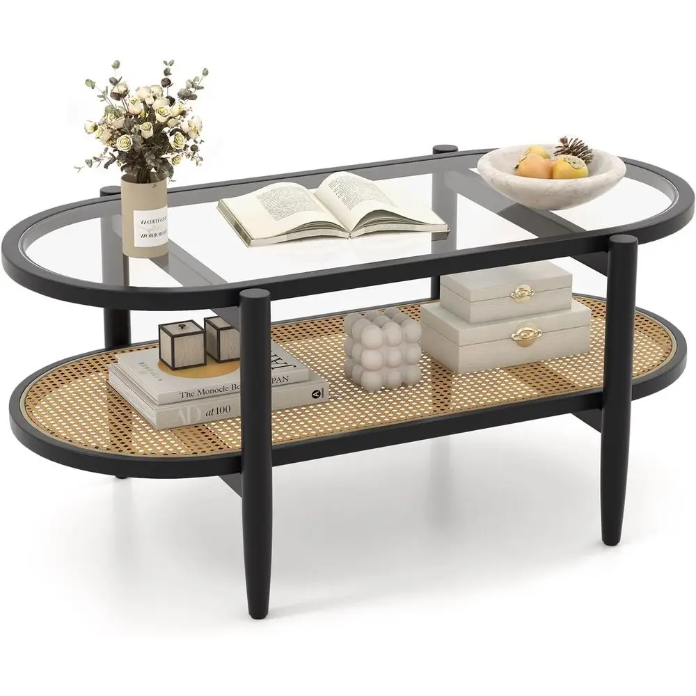 

2-Tier Oval Accent Table with Tempered Glass Top and Rattan Storage Shelf, 40 L for Living Room (Black)