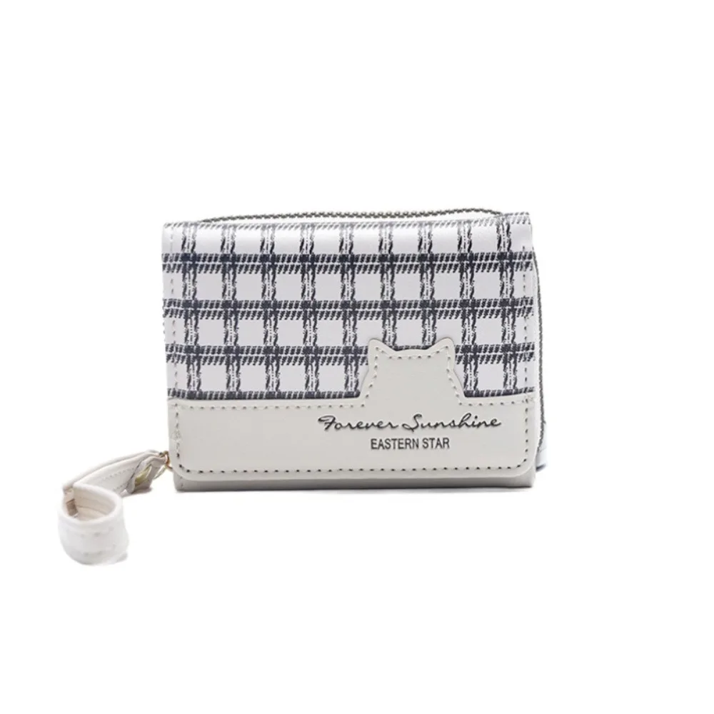 

Waterproof Cute Cat Wallet Korean Style Multiple Card Slots Plaid Coin Pouch Large Capacity Sewn Hanging Wrist Bag Women