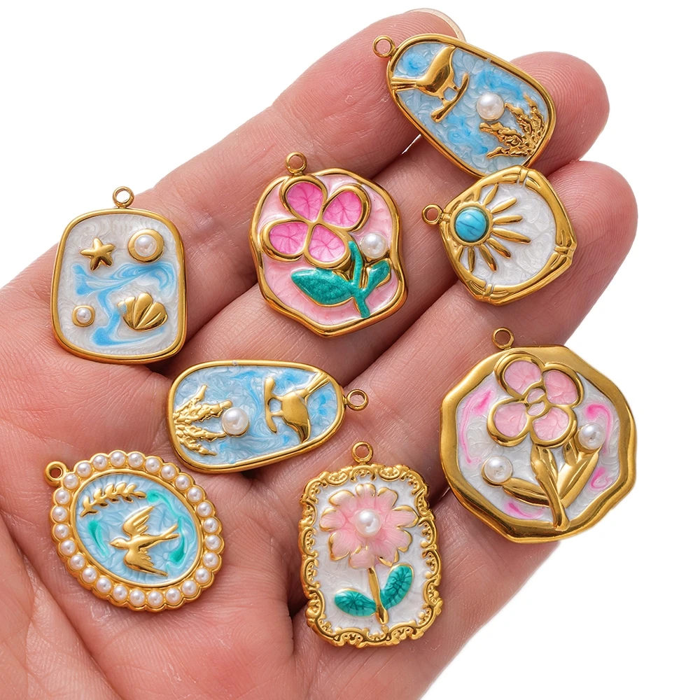 2pcs Gold Stainless Steel Enamel Flower Charms Pendants for Jewelry Making Bulk lot Necklace Earrings Bracelet Craft Findings