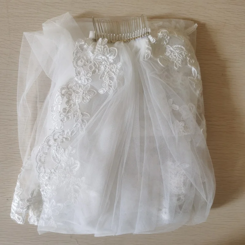 Wedding Veil 1t Fingertip Length Lace For Bride Embroidered With Comb Headpiece Women And Girls (White)