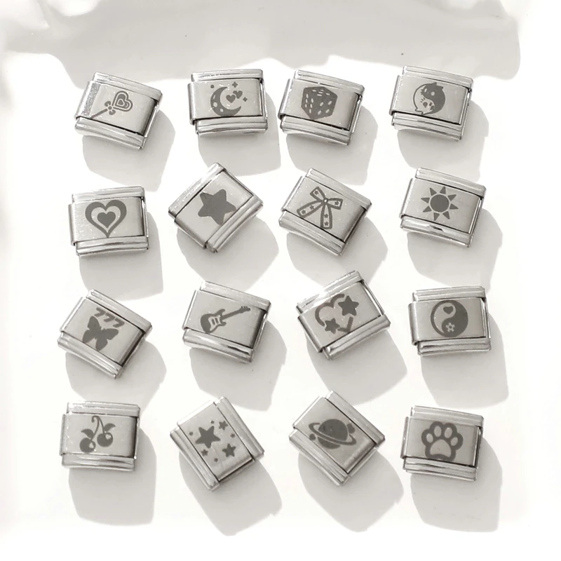 Laser Engraving Tai Chi Cat Bow Knot Heart Moon Heart  Italian Charm Links Fit 9mm Stainless Steel Bracelet Women Men DIY Making