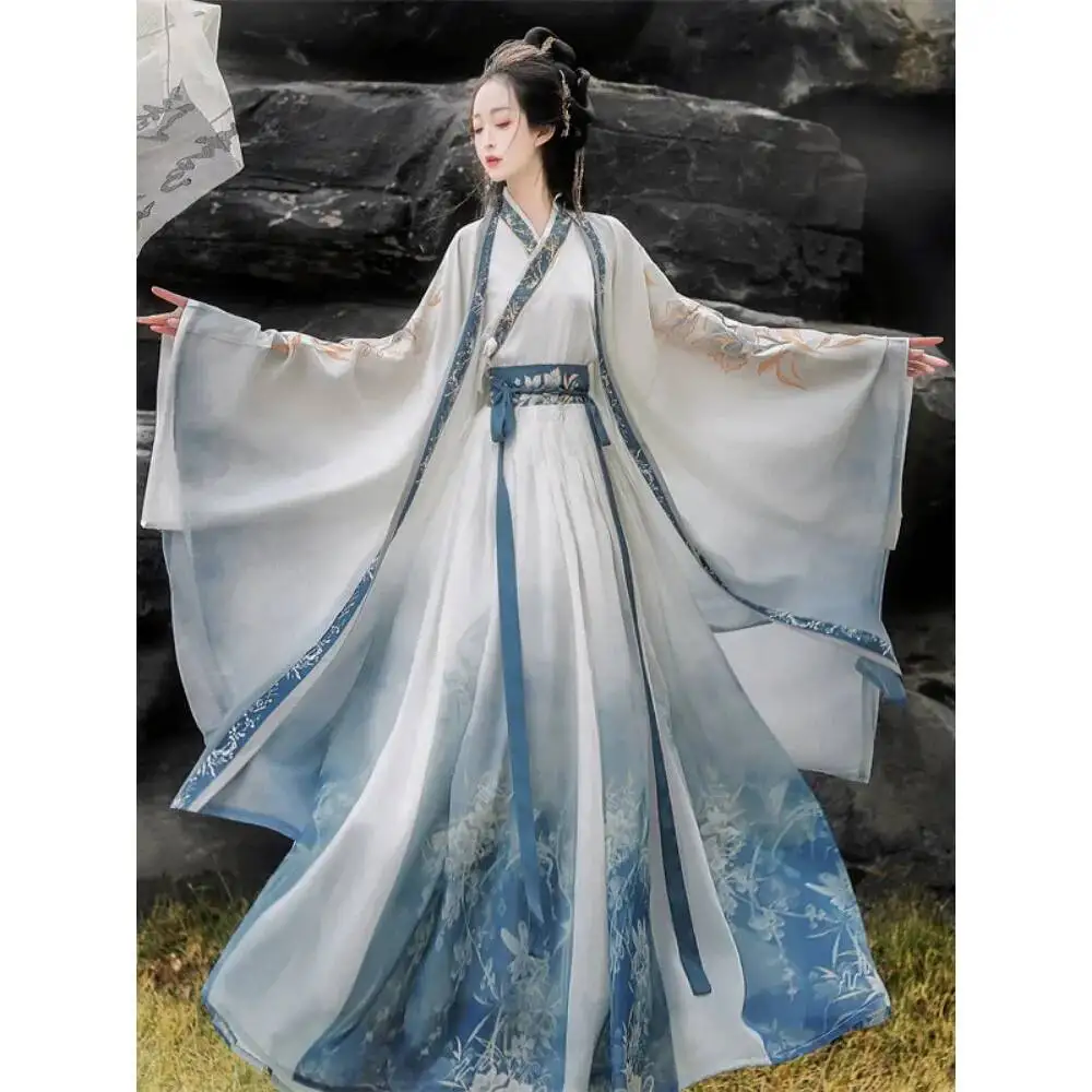 

Новый весенне-летний модифицированный костюм Ханьфу в китайском стиле с широкими рукавами, завышенной талией, сказочный, для пар, в старинном стиле