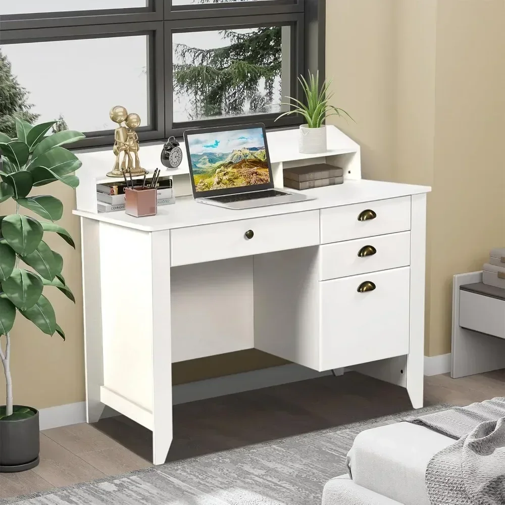 White study desk with 4 drawer storage, computer small table with file drawer and cabin, student desk, bedroom children's desk